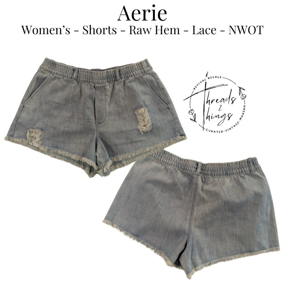 Aerie Shorts Womens Sz Med Light Wash Distressed Lace Inset Raw Hem Boho Summer‎